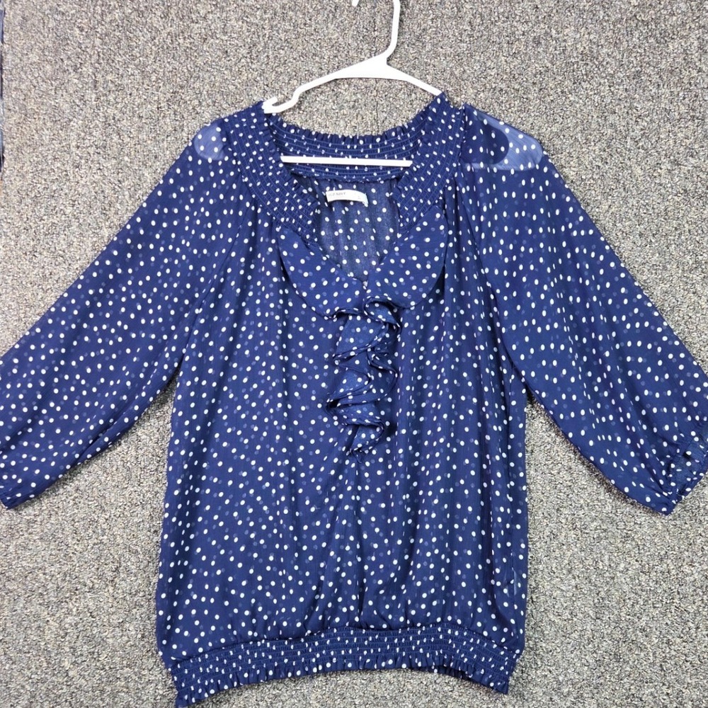 Old Navy Blouse Womens Large Blue Polka Dot Ruffle Smocked 3/4 Sleeve Top
